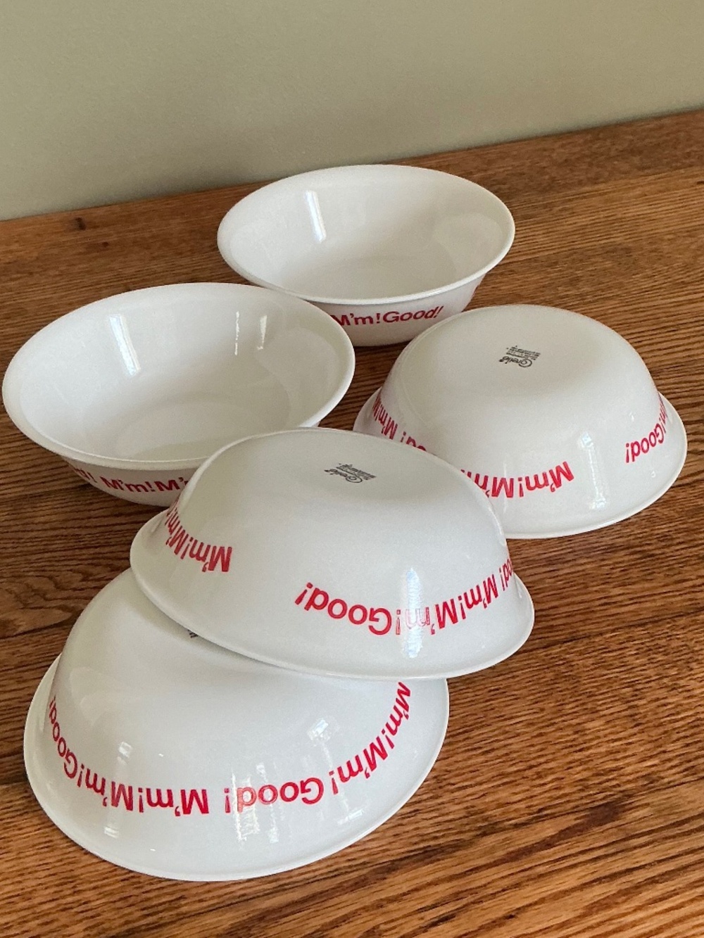 5 Vintage Corelle Campbell’s Soup “M’m! M’m! Good! Bowls Cereal Soup White Red